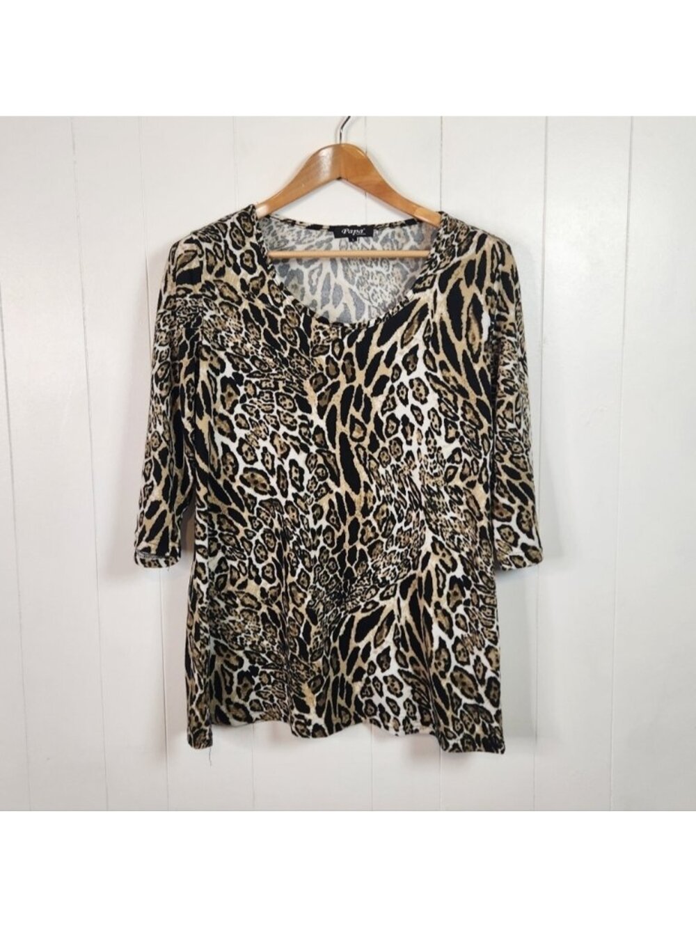 Papa Plush Animal Leopard Print Knit Top 3/4 Sleeves Stretch Womens Size Large
